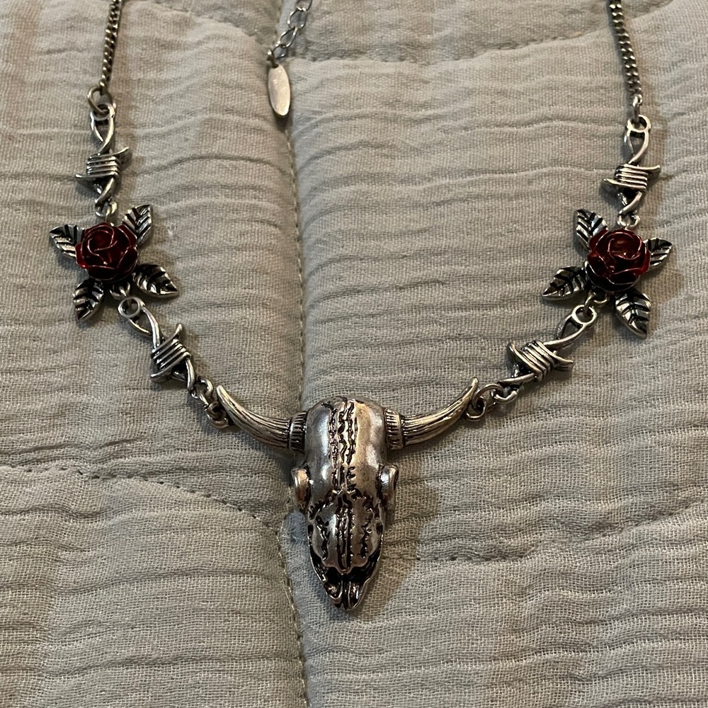 Silver Bull Skull Necklace with Red Rose Accents
